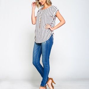Pin stripped tee with folded sleeves